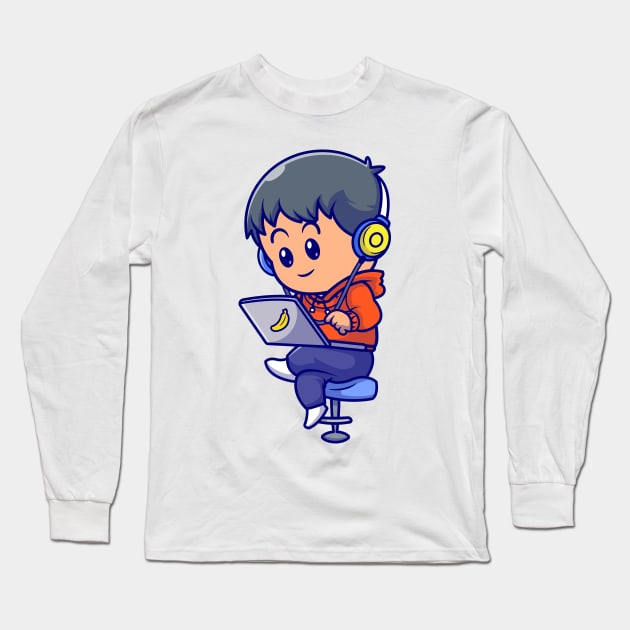 Cute People Playing Laptop Cartoon Long Sleeve T-Shirt by Catalyst Labs